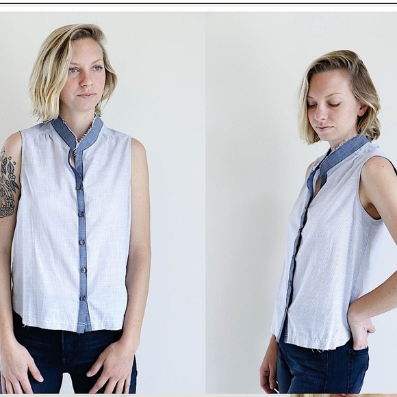 Pharaoh Top NWT 0 Chambray Blue Striped Button Up Japanese Boho Office Neutral - Picture 8 of 8